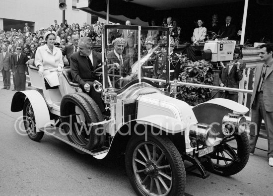 Prince Rainier and Princess Grace of Monaco, Prince Bernhard of the Netherlands, Co-driver Louis Chiron on the parade lap in a 1910 Renault. Monaco Grand Prix 1965. - Photo by Edward Quinn