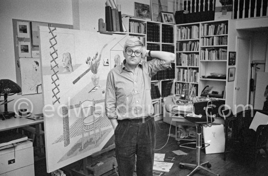 David Hockney working on "Self portrait with blue guitar". London 1977. - Photo by Edward Quinn