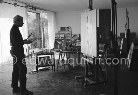 Louis le Brocquy at his studio with painting "Laussel Venus". Carros 1964. - Photo by Edward Quinn