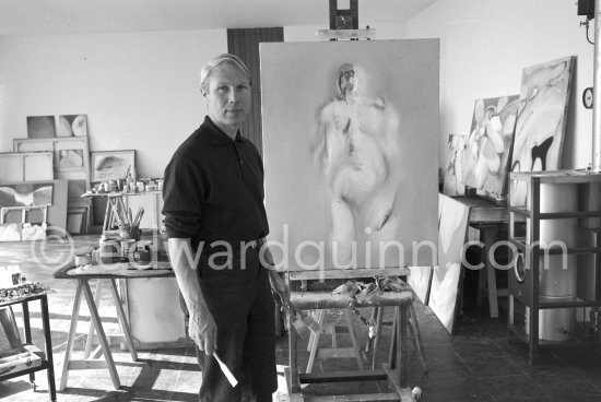 Louis le Brocquy at his studio with painting "Laussel Venus". Carros 1964. - Photo by Edward Quinn