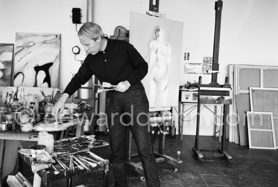 Louis le Brocquy at his studio with painting "Laussel Venus". Carros 1964. - Photo by Edward Quinn