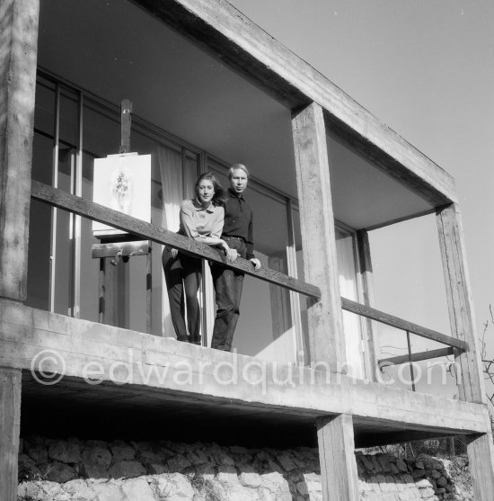 Louis le Brocquy and his wife Anne Madden le Brocquy, also a painter, on the terrace of their studio with painting "Willendorf Venus". Carros 1964. - Photo by Edward Quinn