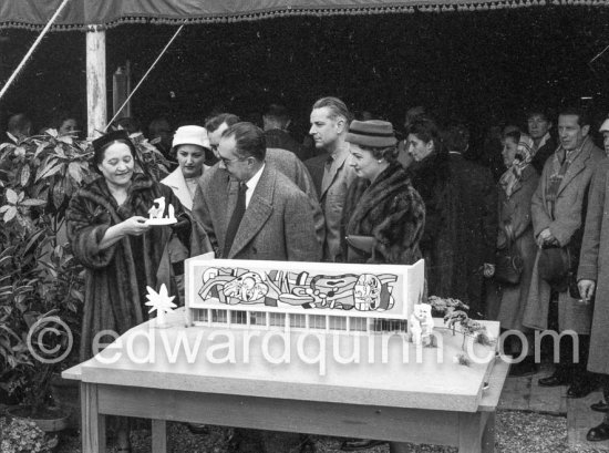 Nadia Léger. Musée Fernand Léger, Foundation Stone Ceremony. The model of the museum. Biot 24 Feb 1957. - Photo by Edward Quinn