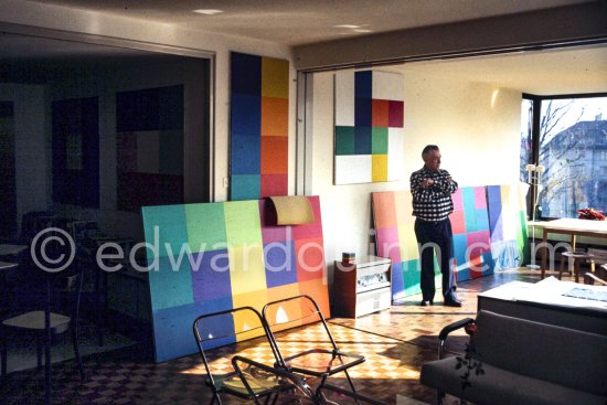 Richard Paul Lohse, one of the main representatives of the concrete and constructive art movements, 1975 at his studio in Zurich. - Photo by Edward Quinn