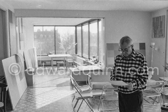 Richard Paul Lohse, one of the main representatives of the concrete and constructive art movements, 1975 at his studio in Zurich. - Photo by Edward Quinn