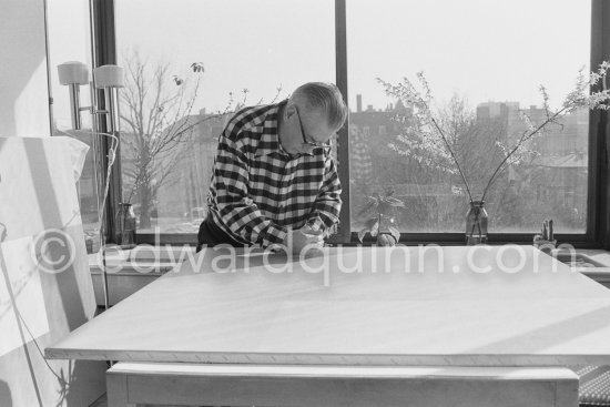 Richard Paul Lohse, one of the main representatives of the concrete and constructive art movements, 1975 at his studio in Zurich. - Photo by Edward Quinn