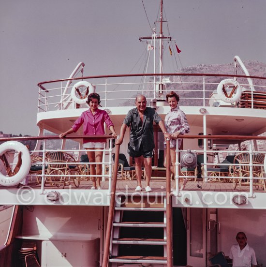 Greek armateur Basil M. Mavroleon with his wife and daughter on his Yacht Radiant II. Monaco 1961. - Photo by Edward Quinn