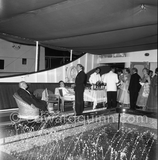 Elsa Maxwell and Stavros Niarchos on board the Onassis yacht Christina. Monaco harbor 1957. - Photo by Edward Quinn