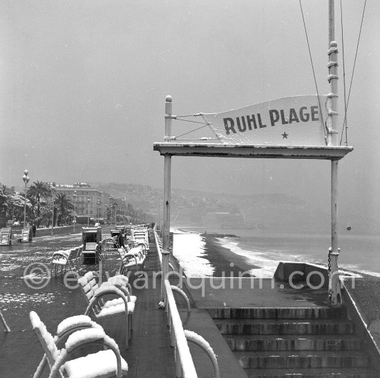 A rare view: Snow on the Promenade des Anglais. Nice 1955. - Photo by Edward Quinn