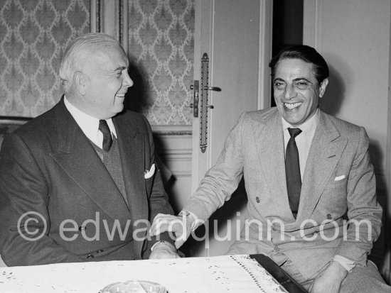 Aristotle Onassis and Spyros Skouras, president of the 20th Century Fox. Hotel Negresco, Nice 1953. First photos Edward Quinn took of Onassis. - Photo by Edward Quinn