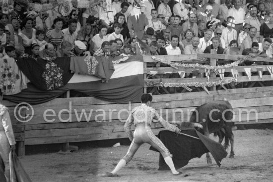 Claude Picasso, Pablo Picasso, Paul Derigon, Hélène Parmelin, Edouard Pignon, Marcel Duhamel, Paloma Picasso. Local Corrida. Vallauris 1955. (Other photos of this bullfight see Miscellaneous.) - Photo by Edward Quinn