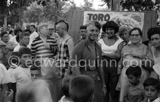 After the bullfight: from right Paulo Picasso, Pierre Baudouin with special haircuts, (see Penrose 1981, p. 443f.) and Edouard Pignon. First Corrida of Vallauris 1954. - Photo by Edward Quinn