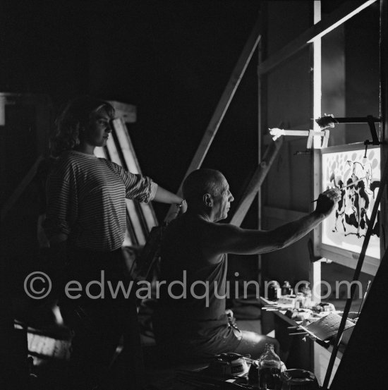 Pablo Picasso and Maya Picasso. "Le mystère Picasso", Nice, Studios de la Victorine 1955. - Photo by Edward Quinn