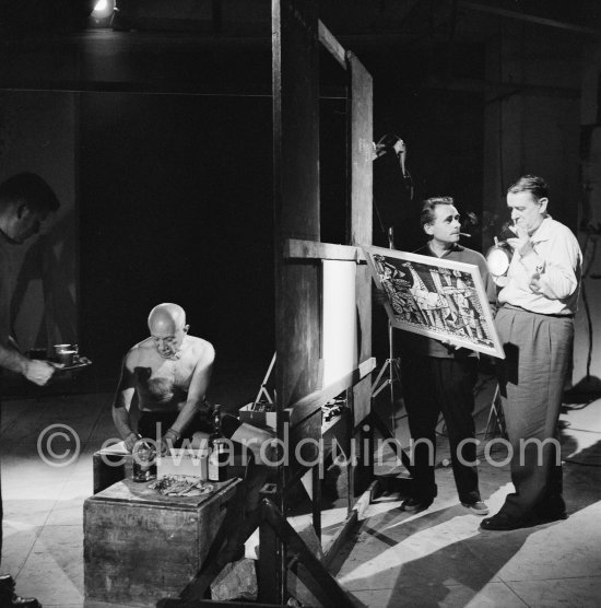 Pablo Picasso, Henri-Georges Clouzot and film music composer Georges Auric. "Le mystère Picasso". Nice, Studios de la Victorine, 1955. - Photo by Edward Quinn