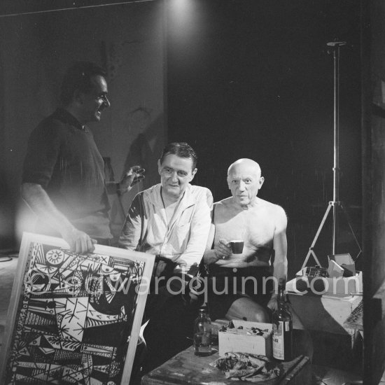 Pablo Picasso, Henri-Georges Clouzot and film music composer Georges Auric. "Le mystère Picasso". Nice, Studios de la Victorine, 1955. - Photo by Edward Quinn