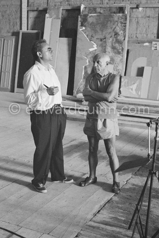 Pablo Picasso and Henri-Georges Clouzot. "Le mystère Picasso", Nice, Studios de la Victorine 1955. - Photo by Edward Quinn