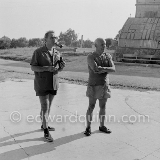 Pablo Picasso and Henri-Georges Clouzot on the grounds of the Studios de la Victorine during shooting of "Le mystère Picasso", Nice 1955. - Photo by Edward Quinn