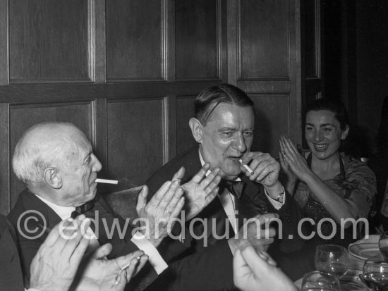 Pablo Picasso, Jacqueline and film music composer Georges Auric attending the showing of "Le mystère Picasso". Cannes Film Festival 1956. - Photo by Edward Quinn