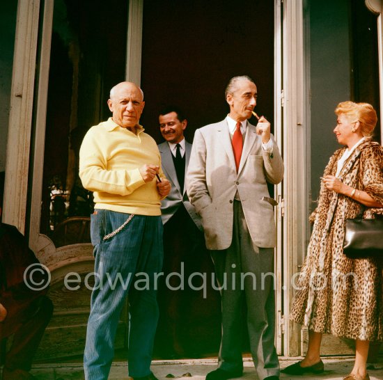 Pablo Picasso with oceanologist Jacques-Yves Cousteau, his wife Simone Cousrteau, a famous diver, and unknown visitor. La Californie, Cannes 1958. - Photo by Edward Quinn