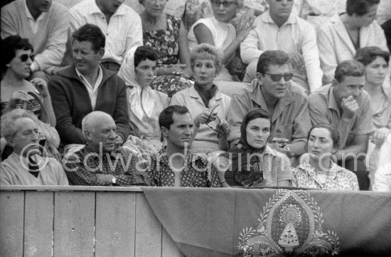 From left: Jean Cocteau, Pablo Picasso, Luis Miguel Dominguin, Lucia Bosè, Jacqueline, behind Pablo Picasso: Jeannot, chauffeur de Pablo Picasso, Catherine ("Cathy") Hutin, Francine Weisweiller, Edouard Dermit. Arles 1959. - Photo by Edward Quinn