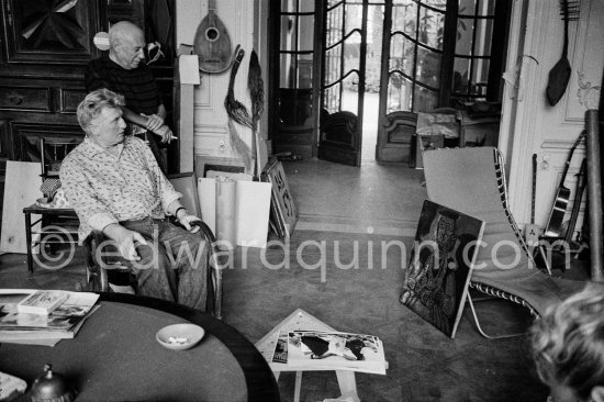 Pablo Picasso showing a linoblock to Edouard Pignon. La Californie, Cannes 1959. - Photo by Edward Quinn