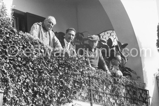 Alberto Magnelli, Michele Sapone, Pablo Picasso, Renato Guttuso. During filming of "Le Testament d’Orphée", film of Jean Cocteau. At Villa Santo Sospir of Francine Weisweiller. Saint-Jean-Cap-Ferrat 1959. - Photo by Edward Quinn