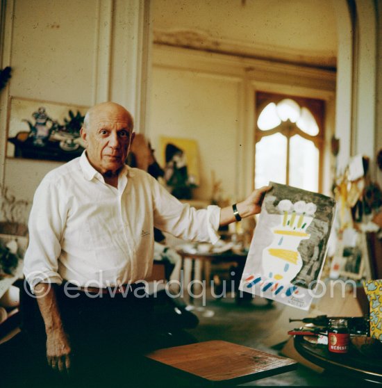 Pablo Picasso with gouache made with Caran d\'Ache wax oil pastels and water color. Pablo Picasso always liked surprises and in his work he encouraged unpredictable outcomes. La Californie, Cannes 1961. - Photo by Edward Quinn