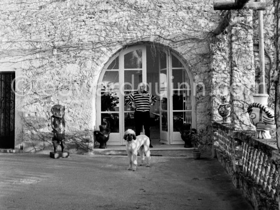 Pablo Picasso with Afghan dog Kaboul on the terrace at the entrance to Mas Notre-Dame-de-Vie, Mougins 14.2.1962. - Photo by Edward Quinn