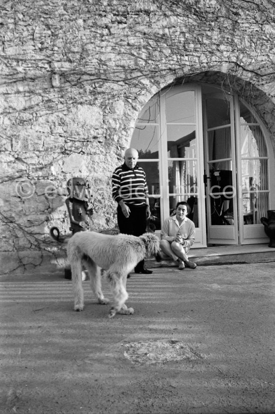 Pablo Picasso and Jacqueline with Afghan dog Kaboul on the terrace in front of the entrance to Mas Notre-Dame-de-Vie, Mougins 14.2.1962. - Photo by Edward Quinn