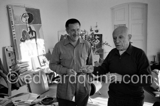 Pablo Picasso and Xavier Busquets, architect of Collegi d’Arquitectes de Catalunya, Barcelona. Mas Notre-Dame-de-Vie, Mougins 1962. - Photo by Edward Quinn