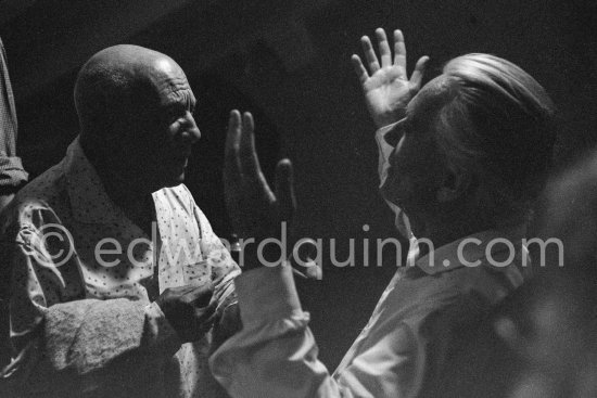 Pablo Picasso and Romuald Dor de la Souchère, founder and curator of the Grimaldi Museum, Antibes, later Musée Pablo Picasso. Opening of Jacques Prévert exhibition "Images de Jacques Prévert", August 6, 1963. Château d\'Antibes 1963. - Photo by Edward Quinn