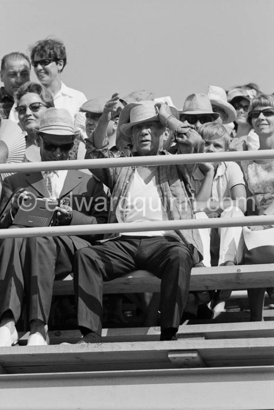 Pablo Picasso attending a bullfight. On his left behind him Miguel Bosé, later the spanish singer, son of Luis Miguel Dominguin and Lucia Bosé. Fréjus 1965. (Photos of this bullfight in the bull ring see "Miscellaneous") - Photo by Edward Quinn