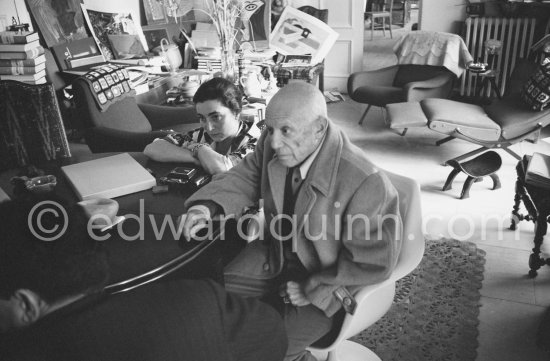 Jacqueline and Pablo Picasso. One of the first photos after his surgery at the British-American Hospital in Paris. Notre-Dame-De-Vie, Mougins 1965. - Photo by Edward Quinn