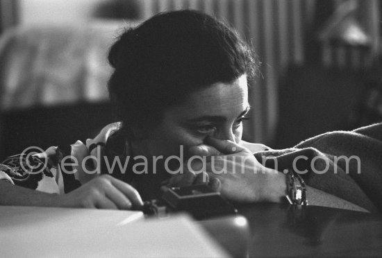 Jacqueline holding Pablo Picasso\'s hand. One of the first photos after his surgery at the British-American Hospital in Paris. Mas Notre-Dame-De-Vie, Mougins 1965. - Photo by Edward Quinn