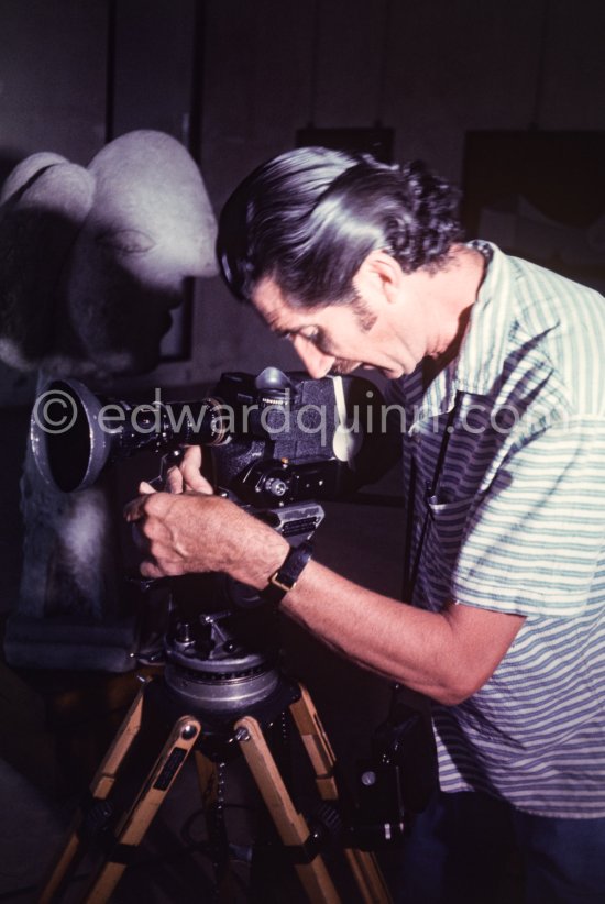 Edward Quinn filming for his documentary on Pablo Picasso. Musée Pablo Picasso, Antibes 1972. Unknown photographer - Photo by Edward Quinn