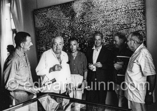 From left: Marcel Duhamel, Jacques Prévert, André Verdet, Edouard Pignon, Mario Prassinos, Alberto Magnelli, exhibition of Mario Prassinos. Nice 1959. - Photo by Edward Quinn