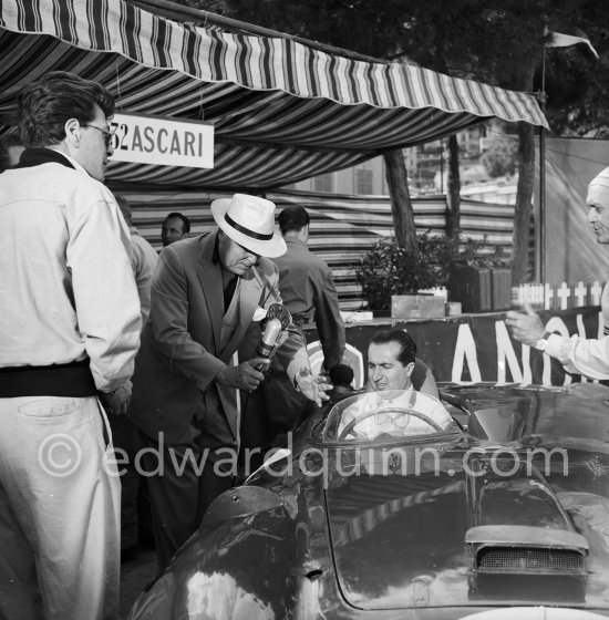 Alberto Ascari in Lancia D24, interviewed for RMC, in the film "The Racers". Director Henry Hathaway (with hat), Louis Chiron (far right) Alberto Ascari in Lancia D24 for the film "The Racers". Monaco 1955. - Photo by Edward Quinn