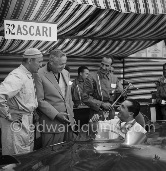 Alberto Ascari in Lancia D24 in the film "The Racers". Director Henry Hathaway (with hat), Louis Chiron, Alberto Ascari in Lancia D24 for the film "The Racers". Monaco 1955. - Photo by Edward Quinn