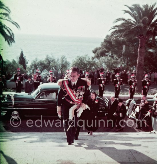 First anniversary of Prince Rainier’s accession to the throne. Monaco-Ville 1951. Cars: Cadillac 1949 ? ("CADILLAC" in block letters above front fender spear). left Lincoln Cosmopolitan 1950 (536 produced) - Photo by Edward Quinn