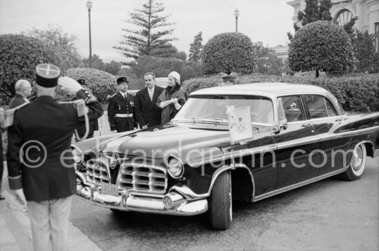 Prince Rainier and Princess Grace. Visit of President Charles de Gaulle to Monaco palace and Musée Océanographique. Monaco Ville 1960. Car: Imperial (Chrysler) 4-Door-Sedan 1956. (Grace Kelly) - Photo by Edward Quinn