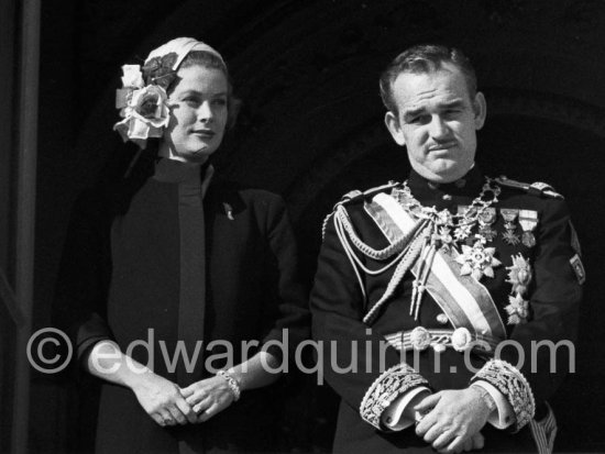 Fête Nationale Monegasque 19.11.57. Princess Grace and Prince Rainier  at the palace windows. - Photo by Edward Quinn