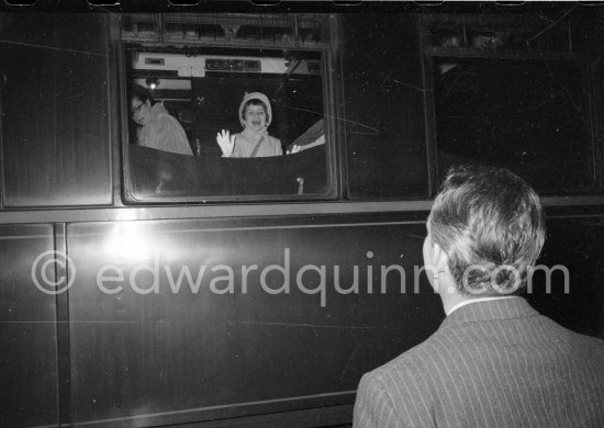 Princess Grace and Caroline leaving by train for Switzerland, seen off by Rainier. Monaco Station 1959. (Grace Kelly) - Photo by Edward Quinn