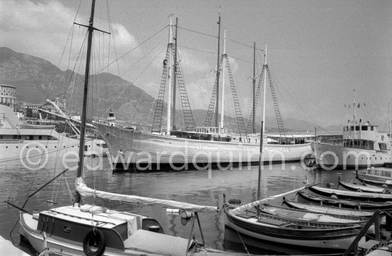 Cargo ship Costa del Sol, which replaced yacht Deo Juvante II, later converted for Prince Rainier into luxury boat Deo Juvante III. Anchored in Monaco harbor 1959. - Photo by Edward Quinn