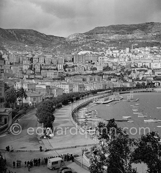 N° 167 Lesur / Pincchinatti on Simca 8 taking part in the regularity speed test on the circuit of the Monaco Grand Prix. Rallye Monte Carlo 1951. - Photo by Edward Quinn