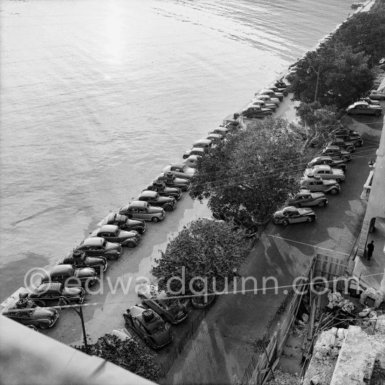 A view of the rallye cars in the closed park (parc fermé). Rallye Monte Carlo 1953. - Photo by Edward Quinn