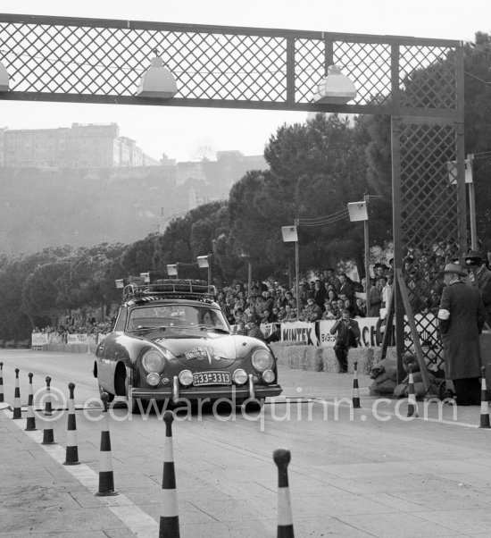 N° 421 Engel / von Hoesch on Posrche 356 undergoing the breaking and starting test. Cars will have to accelerate as fast as possible for 200 metres from a standing start, and then pull up in the shortest possible distance, for the cars have to keep a line between the axles. Rallye Monte Carlo 1953. - Photo by Edward Quinn