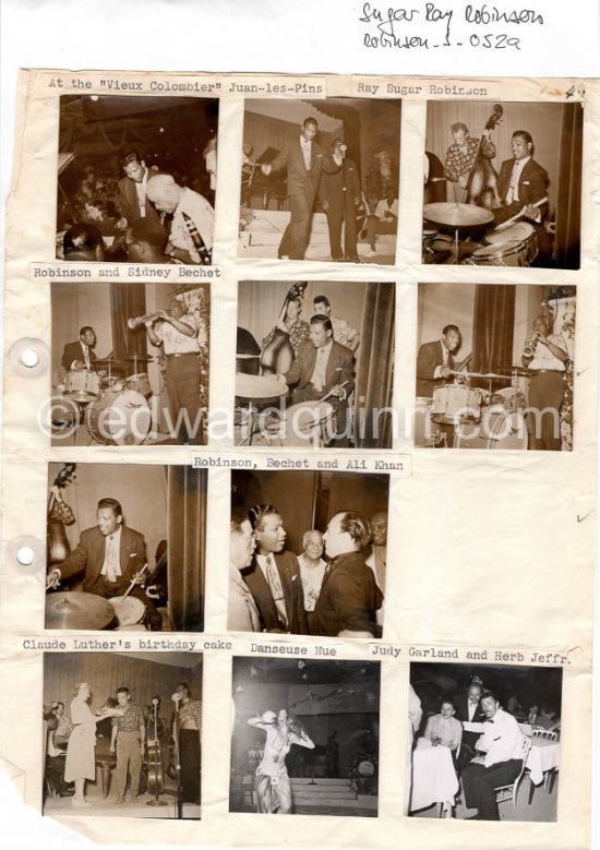 Sugar Ray Robnson, Sidney Bechet, Claud Luther, Judy Garland, Herb Jeffries. at the “Vieux Colombier”, Juan-les-Pins 1951. Vintage Contact Prints, all photos available from original negatives - Photo by Edward Quinn