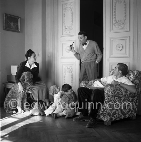 Georges Simenon  with his family: wife Denise, children Marie-Jo (2), Jean (6), and Marc (16), and poodle Mister. Cannes 1955. - Photo by Edward Quinn