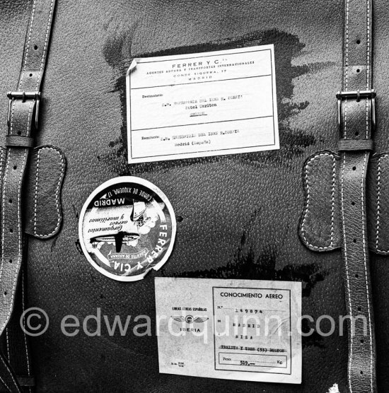 One of Queen Soraya\'s pieces of luggage before departure to the airport.  Hotel Carlton, Cannes, 1953 - Photo by Edward Quinn