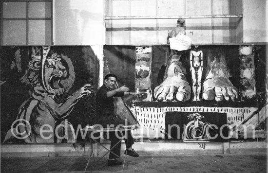 Graham Sutherland works on curtains for Coventry Cathedral. Menton, date unknown - Photo by Edward Quinn